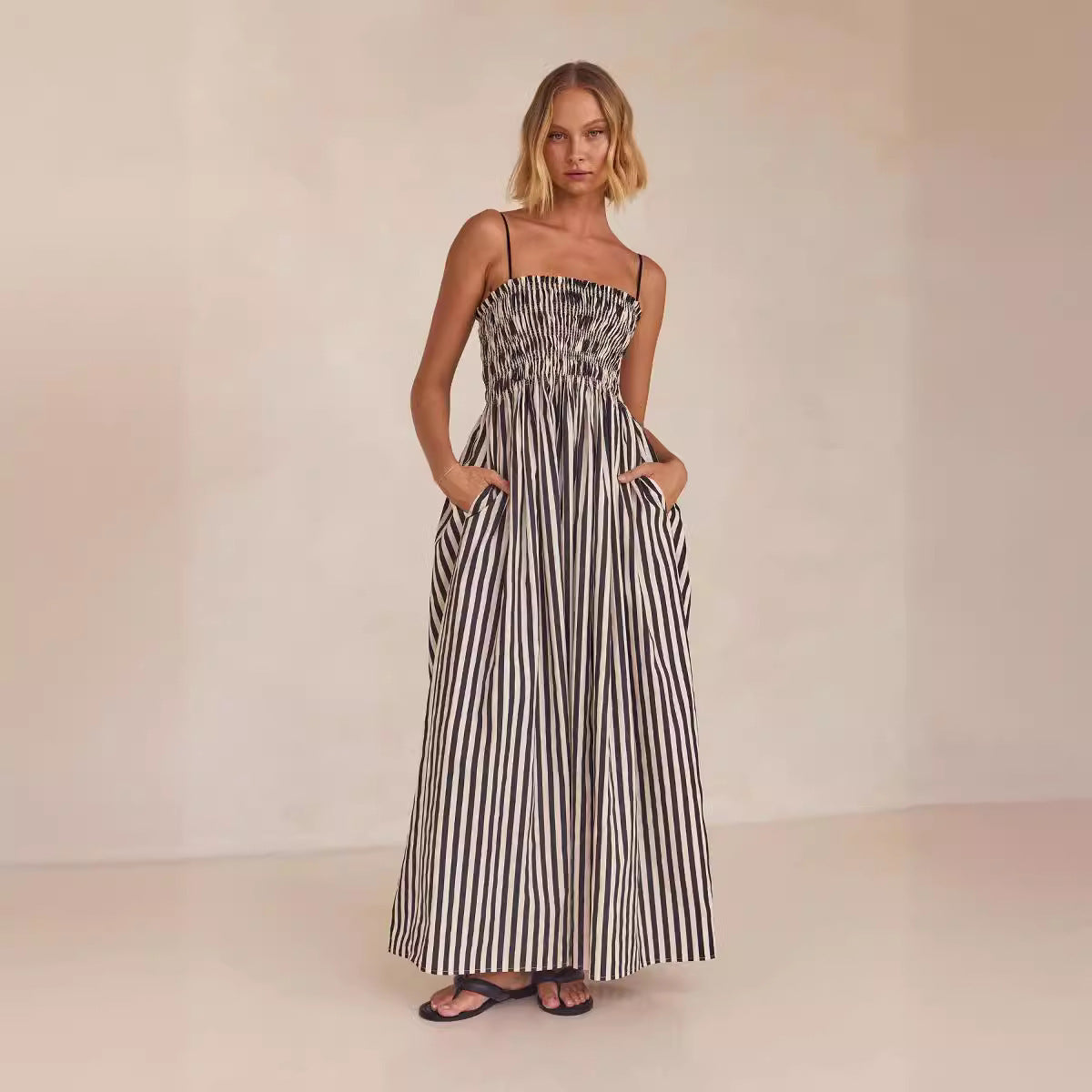 Robe à bretelles à grandes poches et à rayures, imprimée, printemps et été