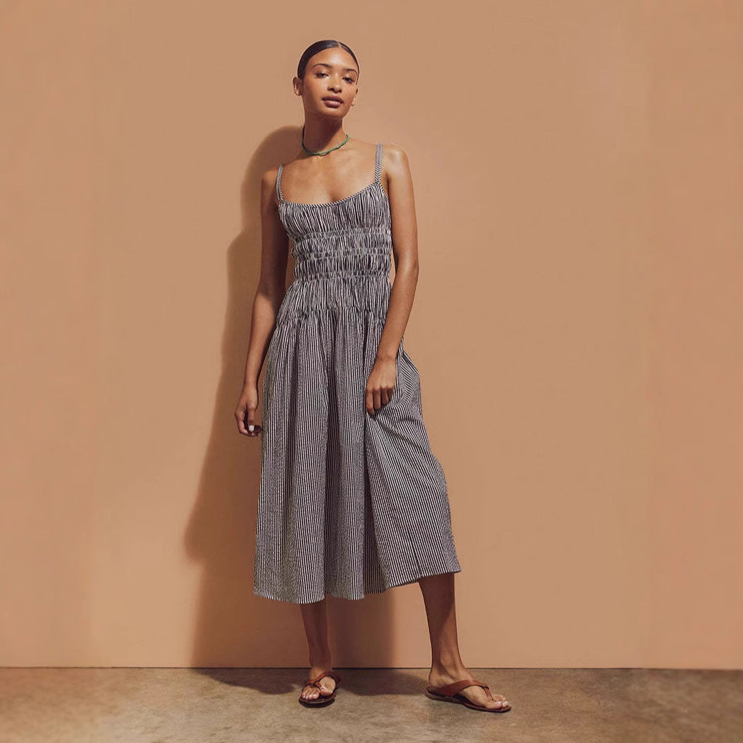 Sleeveless Pleated Striped Spaghetti Straps A- Line Skirt Dress Women