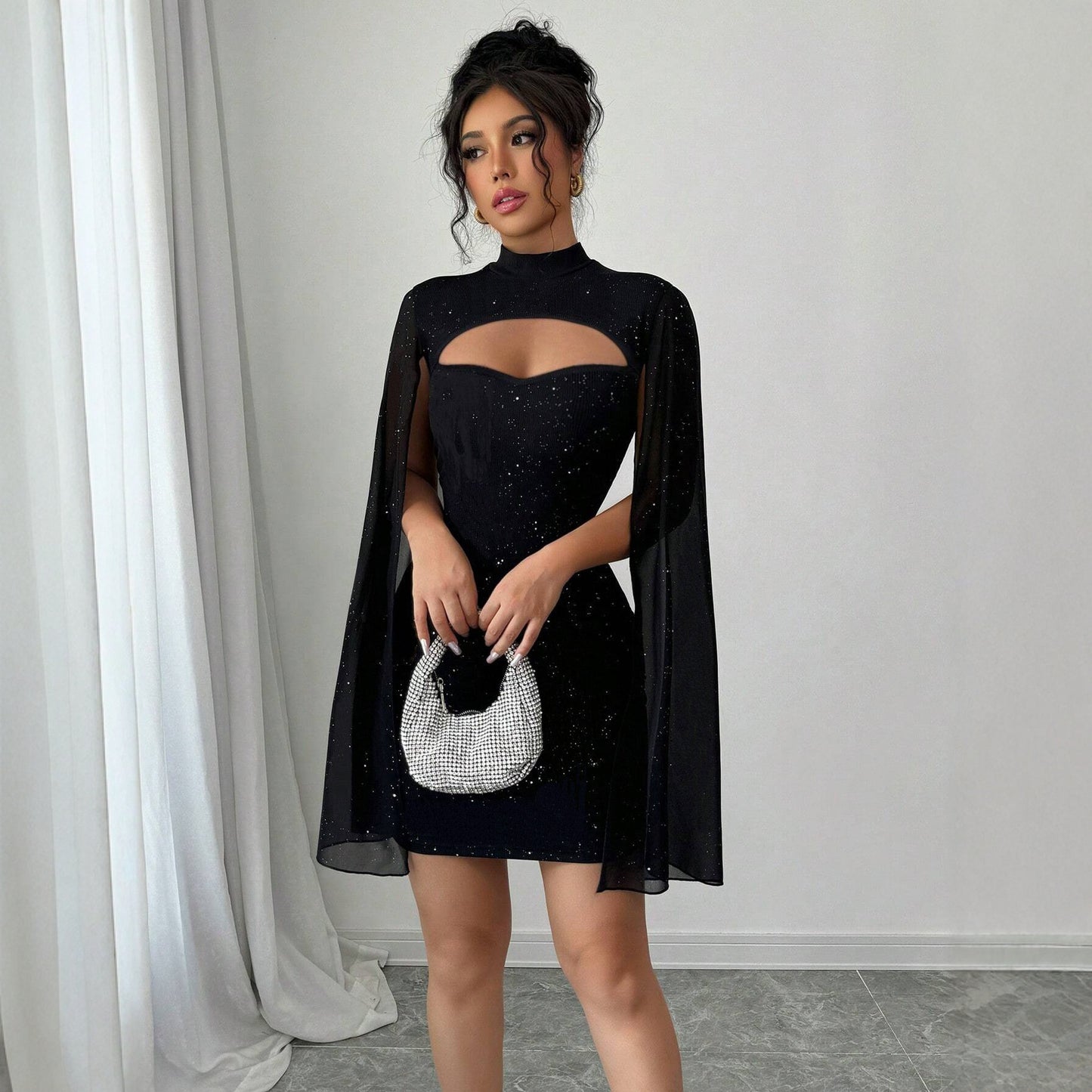 Round-neck Ribbed Pearl Chiffon Cape Bodycon Dress