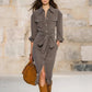 Womens Retro-Style Lapel-Neck Long-Sleeve Lace-Up Dress