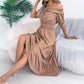 Casual Off-shoulder Ruffled Short-sleeve Belted Waistline Maxi Dress