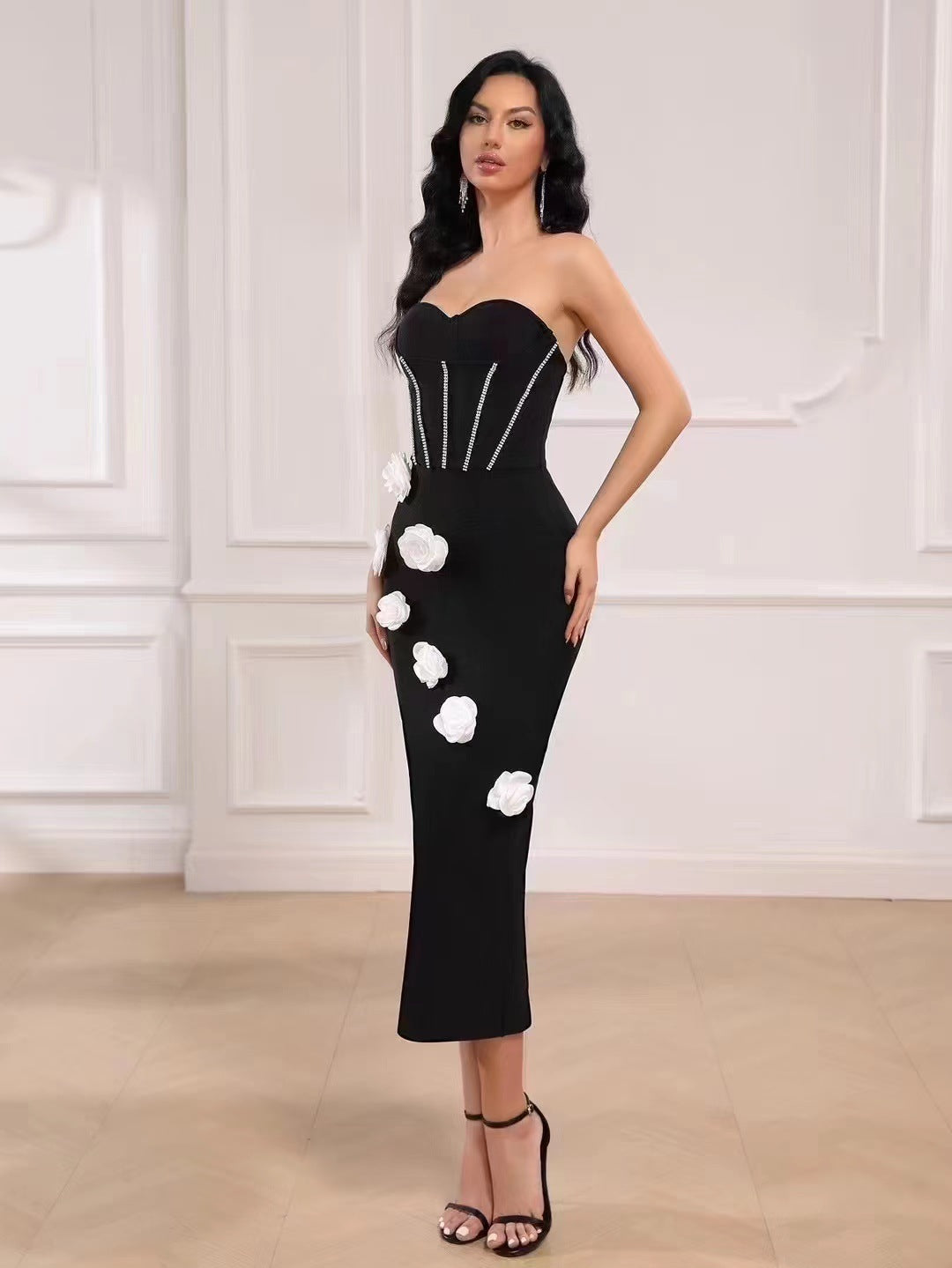 Robe bandage fleurie tridimensionnelle pour femme