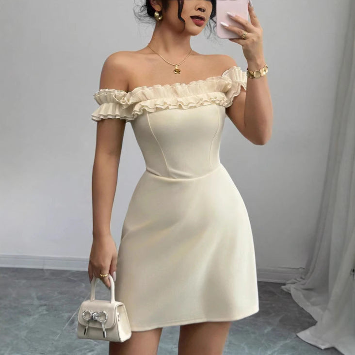 American Retro Socialite Off-neck Temperament Adult Lady Like Woman Design Sense Hip-wrapped Short Dress