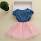 Denim Half-sleeve Stitching Mesh Skirt