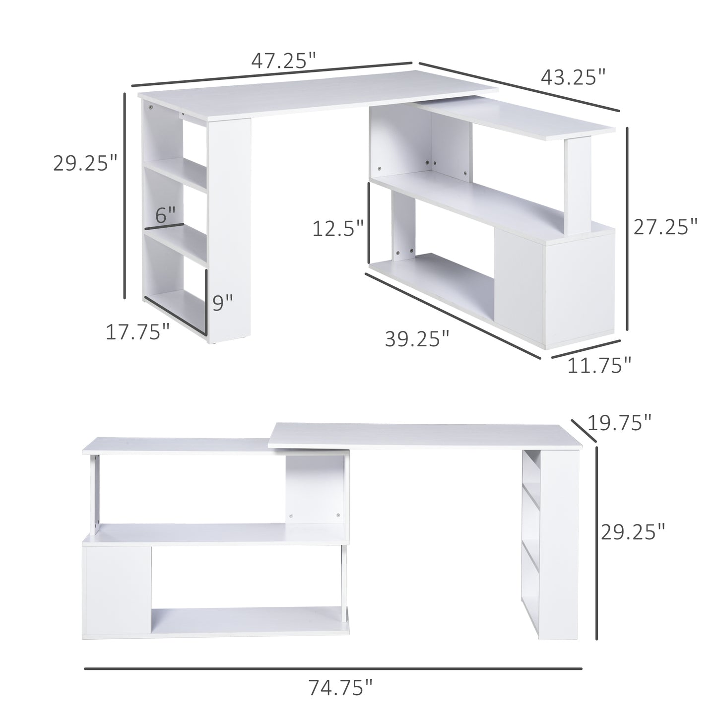 360  Rotating Home Office Desk L Shaped Corner Computer Desk With Storage Shelves, Writing Table Workstation, White