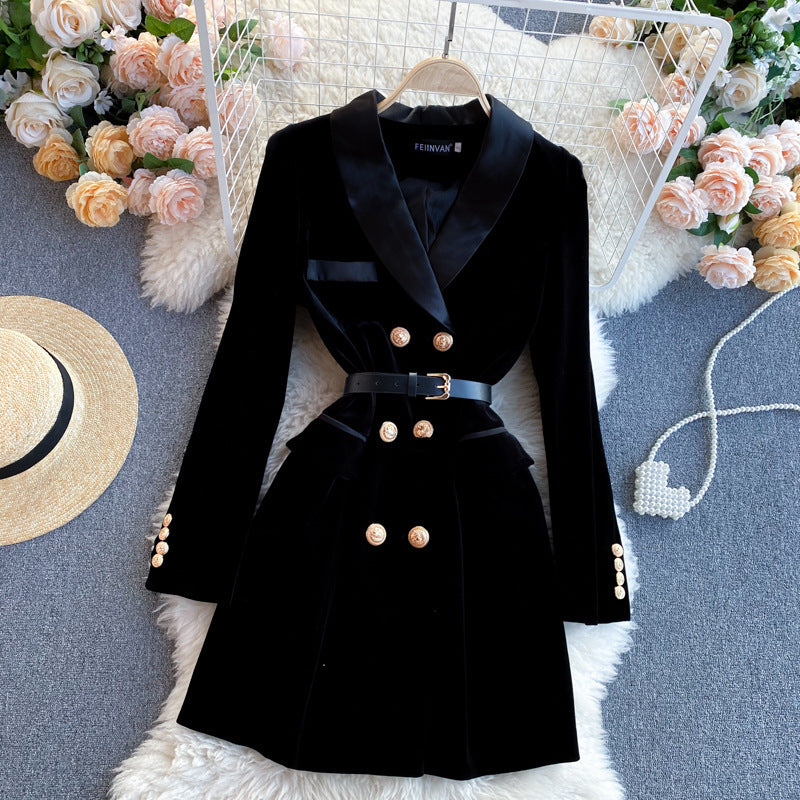 Robe en velours slim à col tailleur et double boutonnage pour femme
