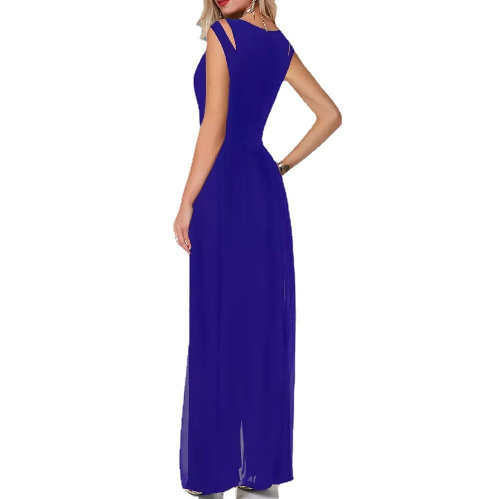 Women's Stitching One-piece Slim-fit Round Neck Sleeveless Solid Color Jumpsuit