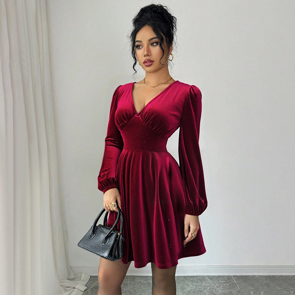 Retro Wine-red Velvet V-neck Dress With Lantern Sleeves