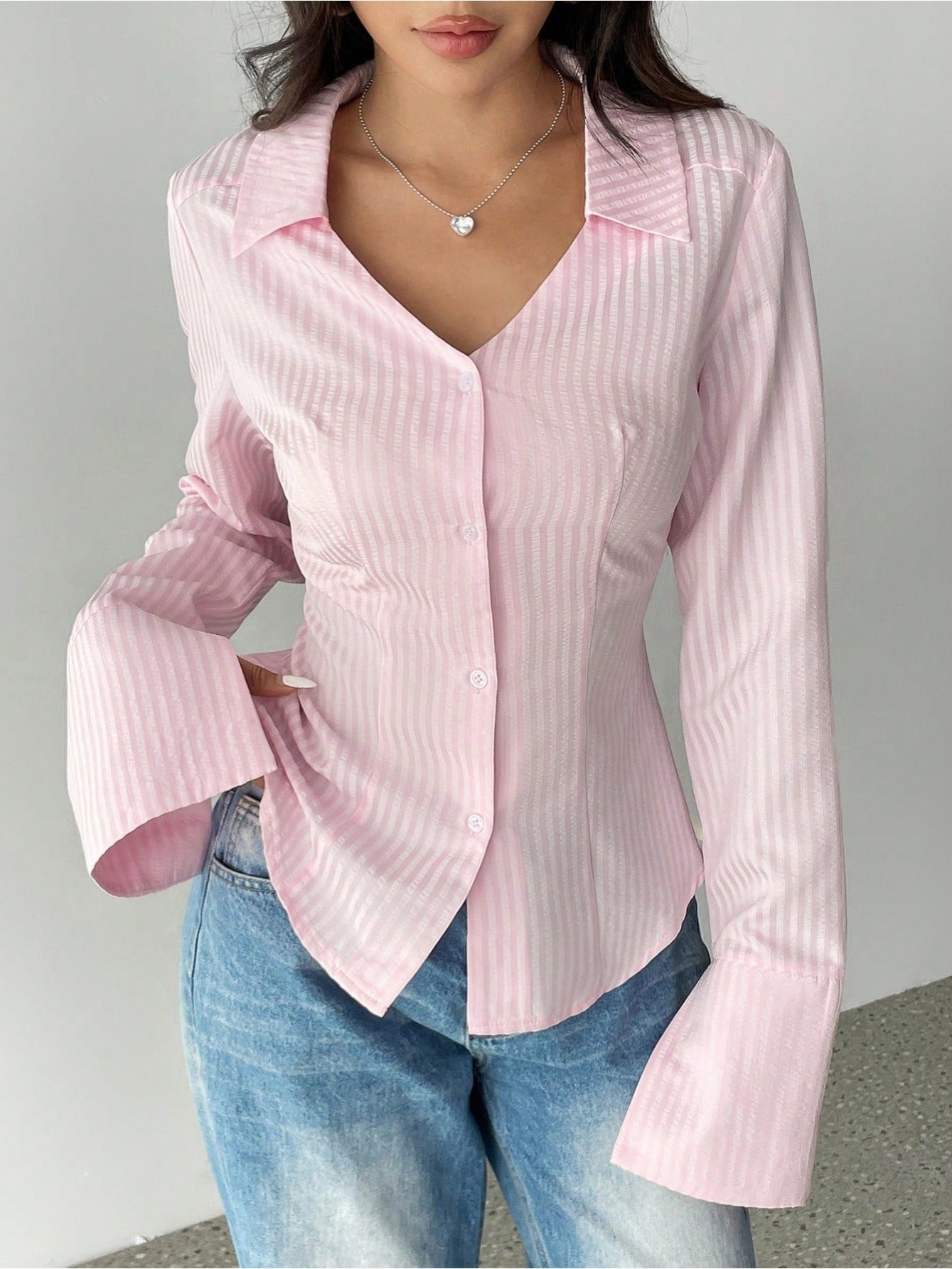 Women's Striped All-matching Casual Bell Sleeve Polo Collar Top