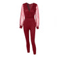 Women's Solid Color And V-neck Mesh Slim Fit Long-sleeved One-piece Trousers