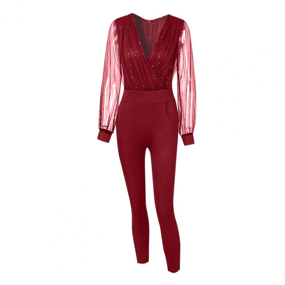 Women's Solid Color And V-neck Mesh Slim Fit Long-sleeved One-piece Trousers