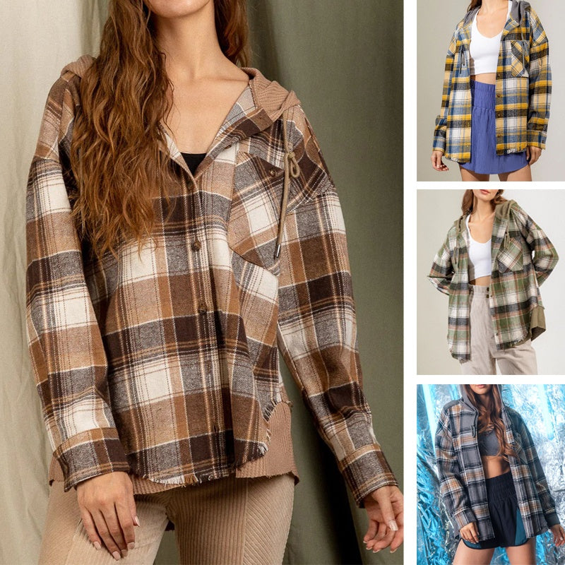 Women's Hooded Spliced Plaid Blouse Woolen Coat