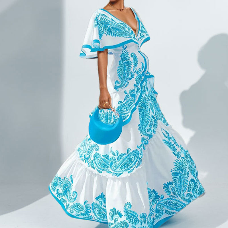 Elegant Chic Womens Printed V-neck Dress