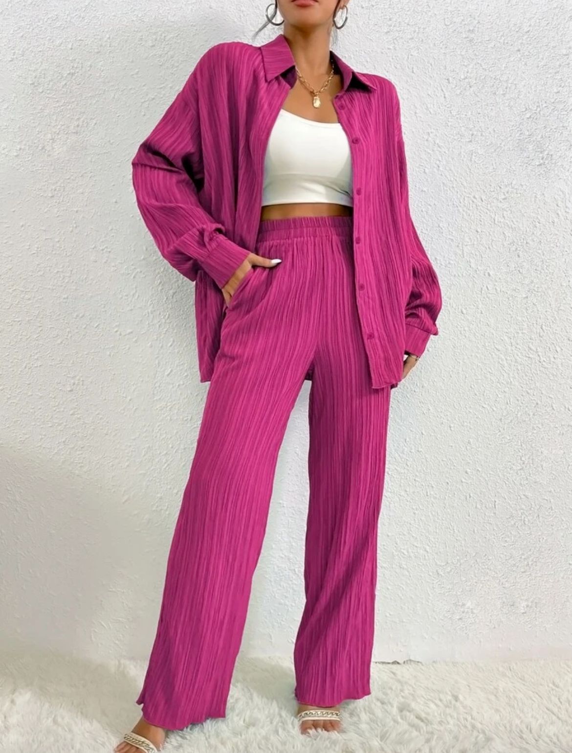 European And American Women's Clothing Solid Color Loose Drooping Smooth Pleated Casual Two-piece Suit