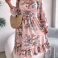 Elegant Flowers Square Collar Long Sleeve Waist Trimming Ruffles A- Line Skirt