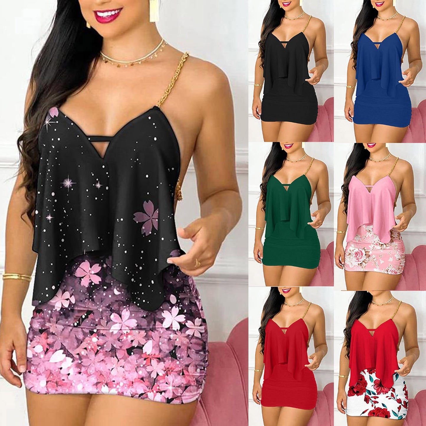 Tailleur jupe moulante dos nu avec chaîne