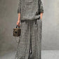 Half Sleeve Linen Plaid Round Neck T-shirt Wide Leg Pants