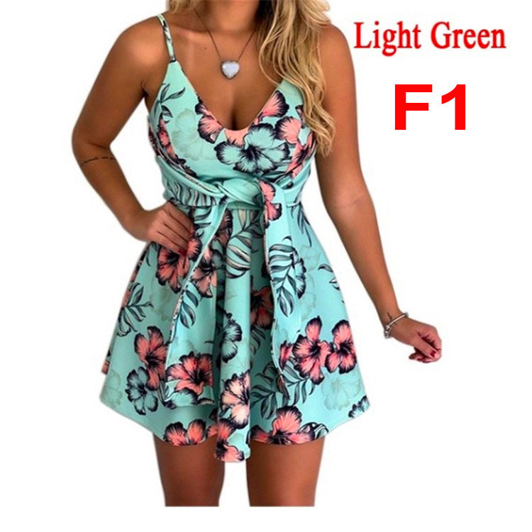 Women's V-Neck Sling Sleeveless Backless Bandage Print Swing Dress