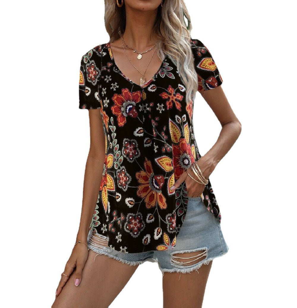 Women's Multicolor V-Neck Printed Short Sleeve T-Shirt