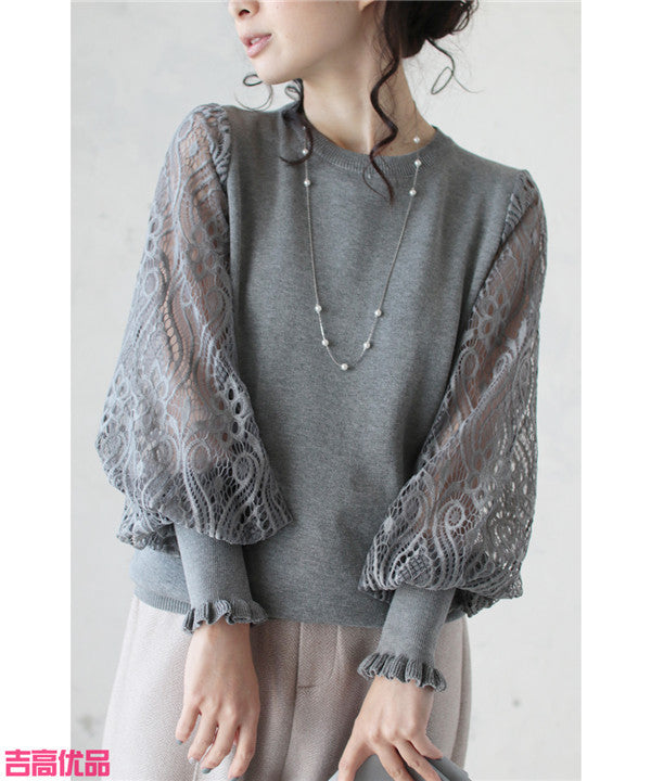 Sheer Yarn Flower Embroidered Sleeve Patchwork Knitting Bottoming Shirt