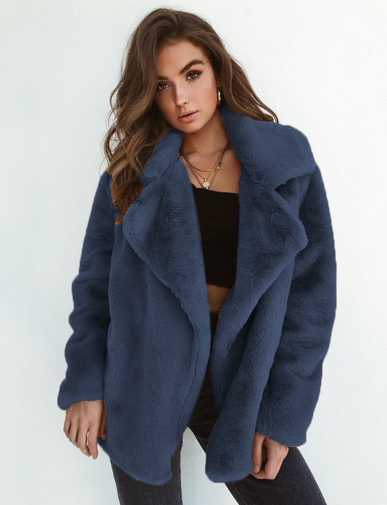 Plush Lapel Woolen Coat Women