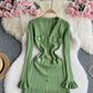 V-neck Metal Buckle Slim Fit Slimming Flounce Knitted Dress