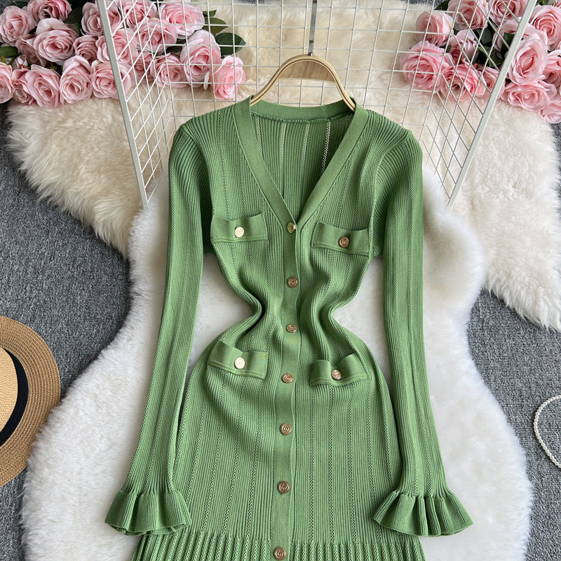 V-neck Metal Buckle Slim Fit Slimming Flounce Knitted Dress