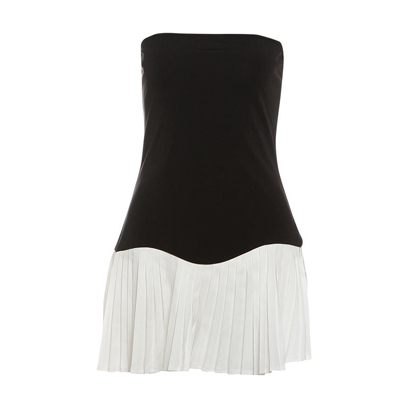 Women's Fashion Color Contrast Backless Slim Fit Tube Top Pleated Dress