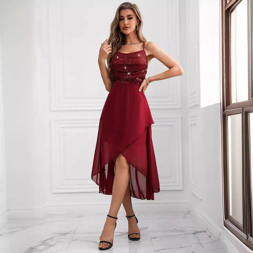 Robe sexy en mousseline de soie à paillettes rétro