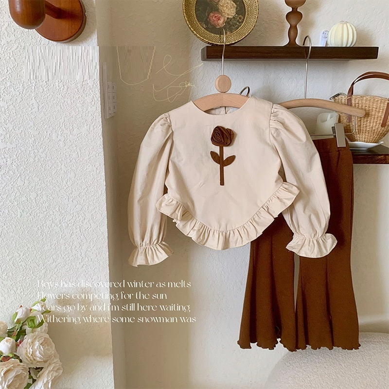 Girls Spring And Autumn Retro Shirt Flared Pants Suit