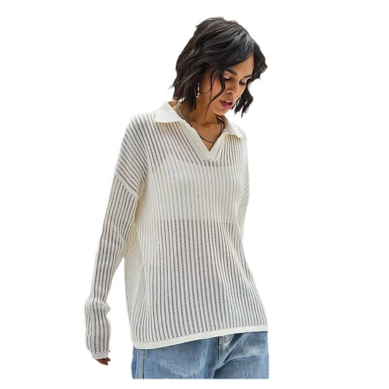Women's POLO Loose Knit Openwork Knitted Top