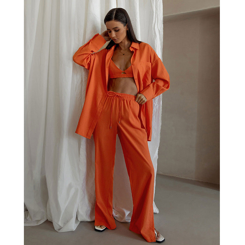 Women's Casual Loose Shirt High Waist Trousers Two Piece Set