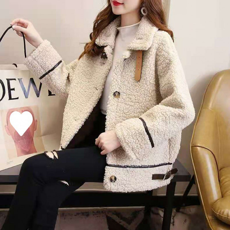 Manteau en laine d'agneau à manches longues pour femme, chaud
