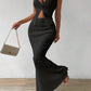 Women's Solid Color Twist Front Hanging On Neck Crop Top And Fishtail Midi Skirt