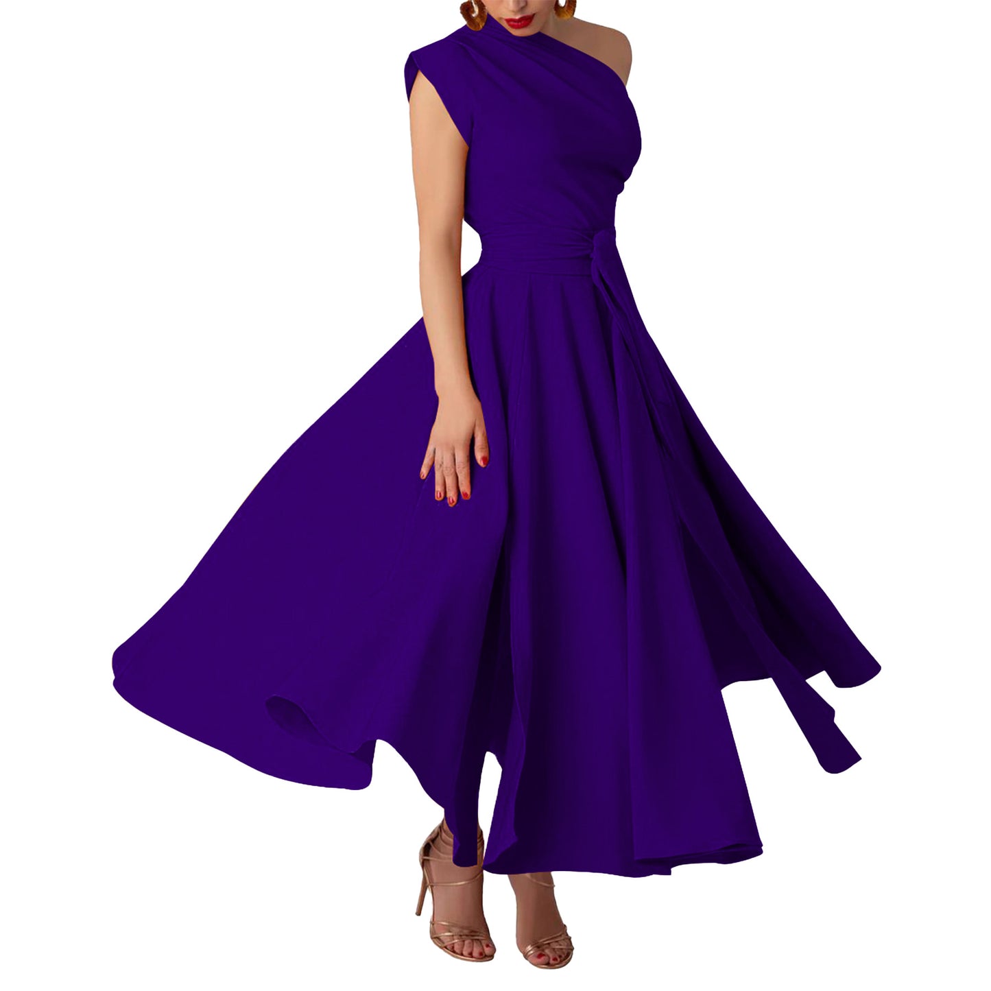 Womens Sleeveless Slash-Neck Solid Color Waist-Cinching Dress