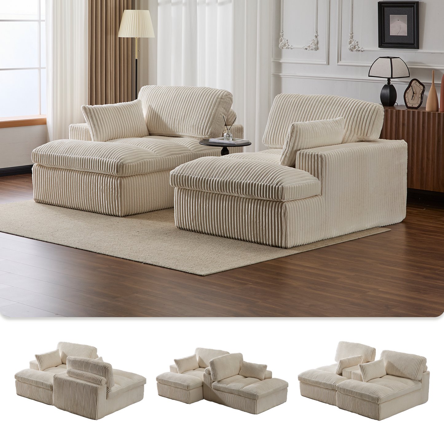 Double Chaise Lounge Chair Indoor,Oversized Upholstered Sleeper Cloud Couch,Deep Seat Luxury Sofa Bed,Sectional Sofa Chaise Love-seat,Corduroy Reading Chair For Living Room,No Assembly Required,White