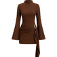 Metal Waist Buckle Minimalist Slightly Flared Sleeve Slim Fit Midi Dress