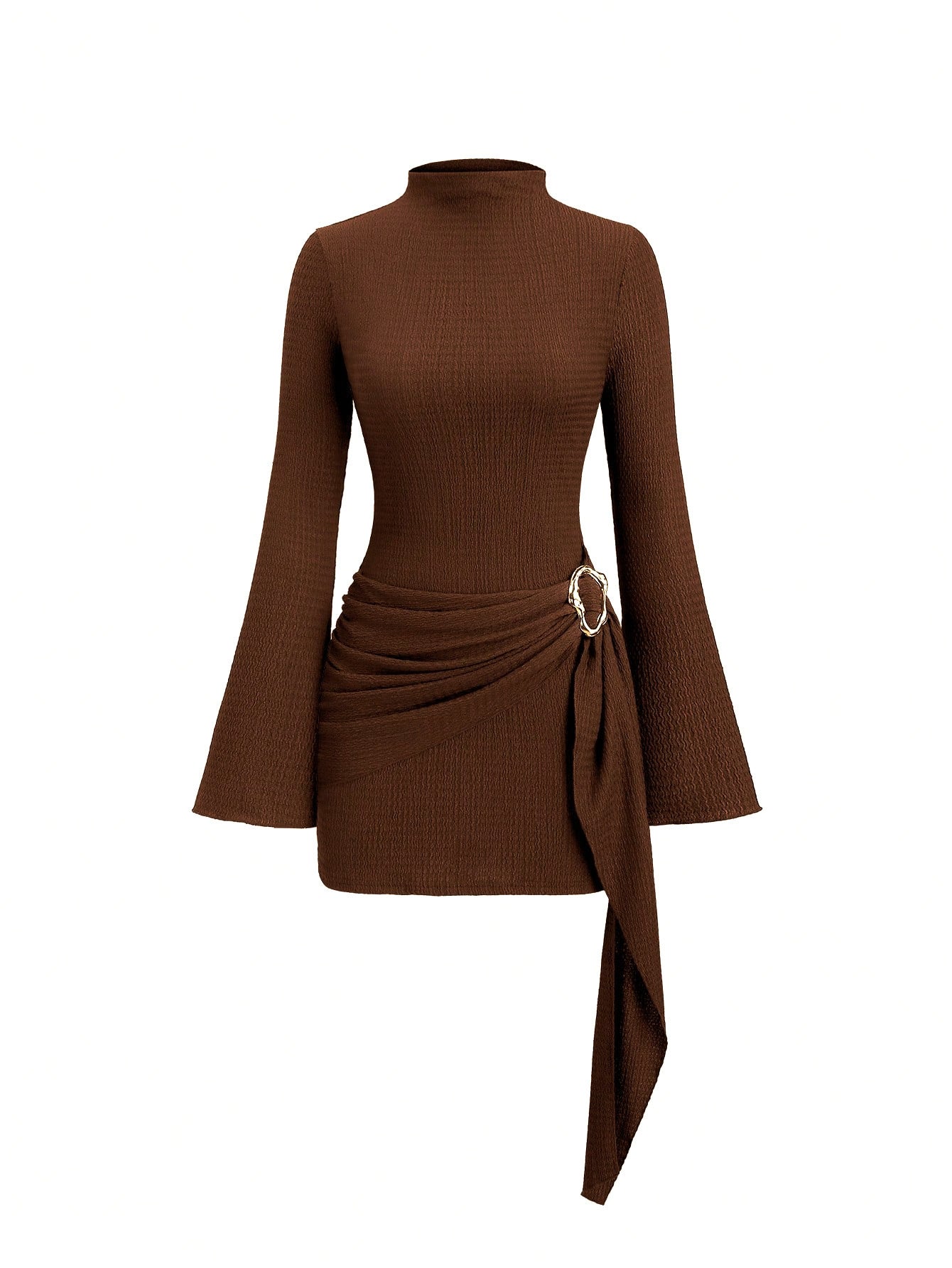 Metal Waist Buckle Minimalist Slightly Flared Sleeve Slim Fit Midi Dress