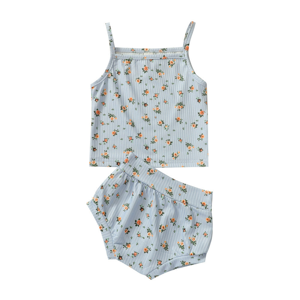 Girls Floral Pit Strip Sling Top Shorts Set