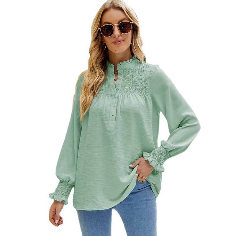 Long Sleeve Turtleneck Buttons Frill Loose Casual Top