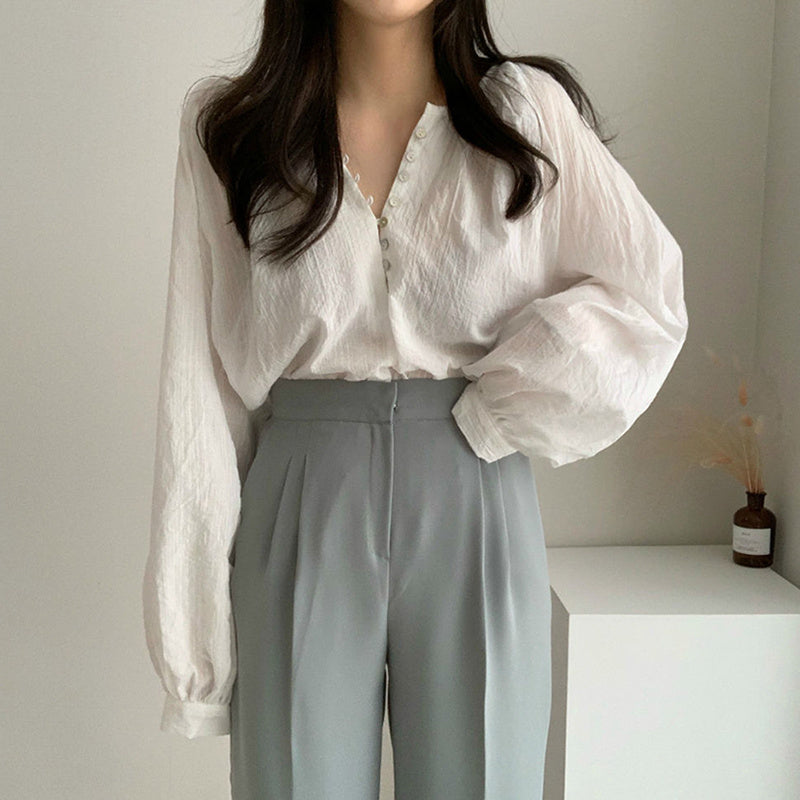 Niche Simple Round Neck Shell Button Thin Air-conditioned Shirt