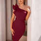 One Shoulder Solid Color With Belt Party Dress