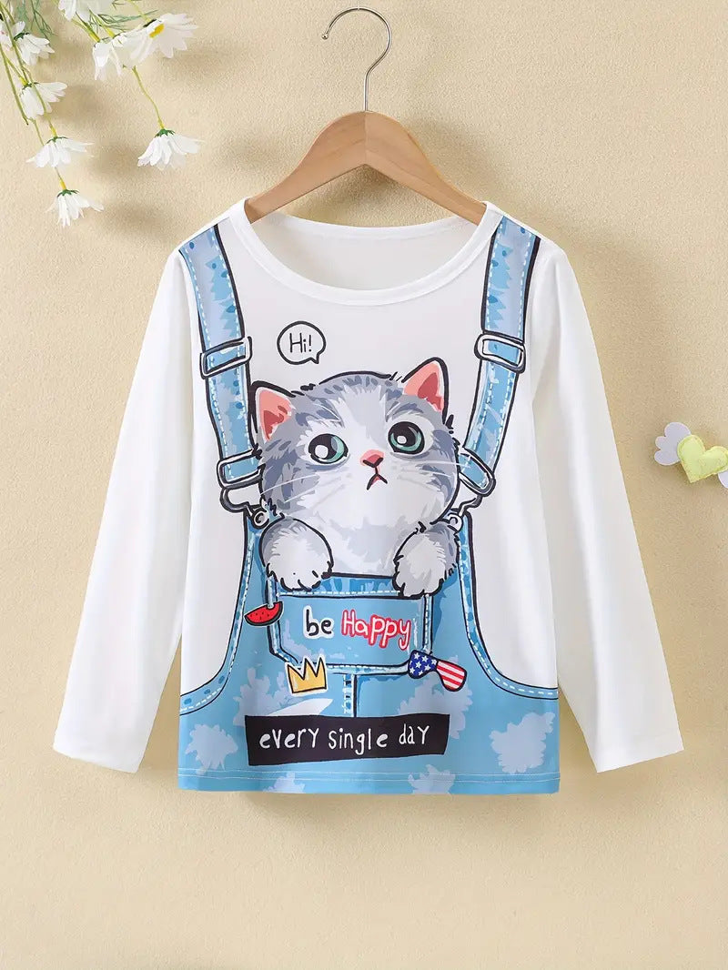 Haut à manches longues pour petite fille, motif chaton mignon, cadeau pour enfants, fête