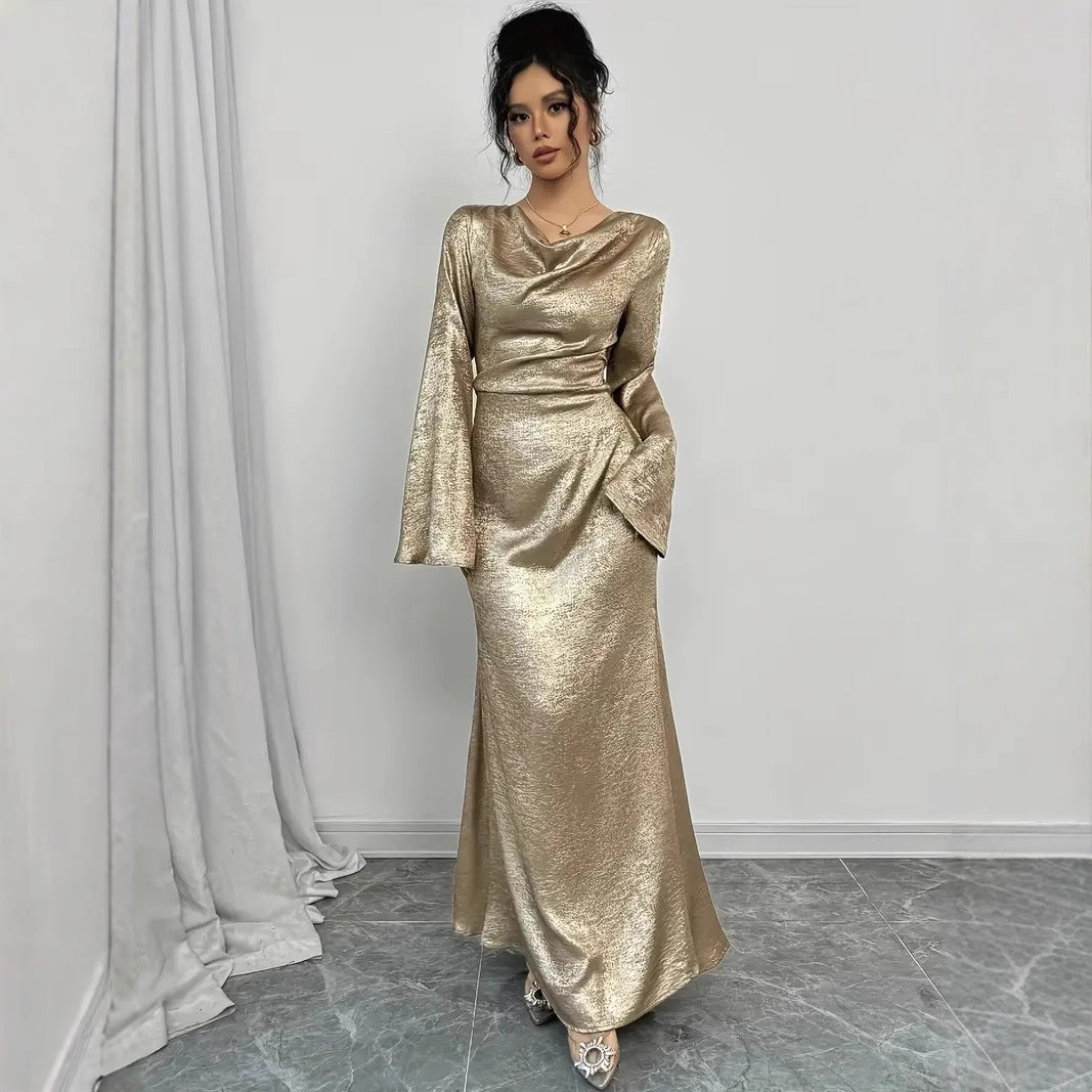 New Sexy Gold-dusted Evening Dress With Long Sleeves