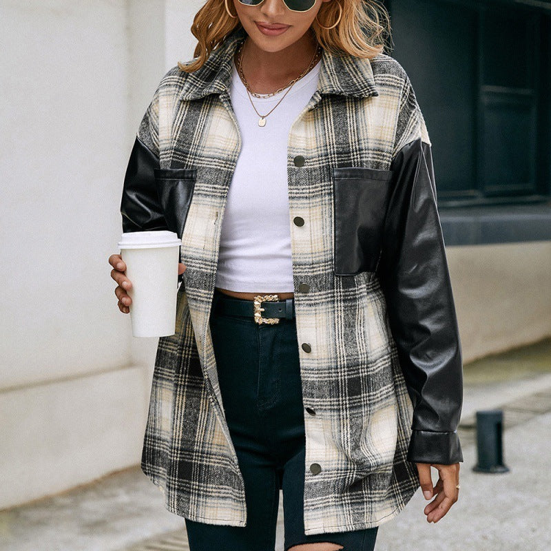 Loose Plaid Color Matching Shirt Casual Double Pocket Plaid PU Stitching Shirt Jacket Jacket