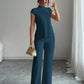 Solid-color Short-sleeve Top And Ribbed Casual Pants Set