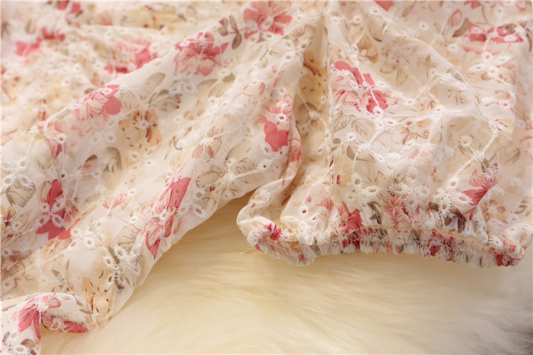 French Floral Dress Women's Tea Break Bellflower Skirt With Puff Sleeves