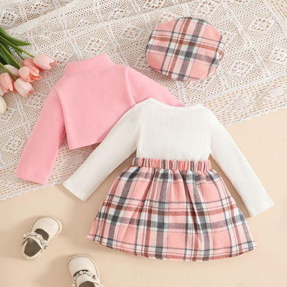 Baby Girl Long Sleeve Stand Collar Wool Coat Plaid Dress Beret Set