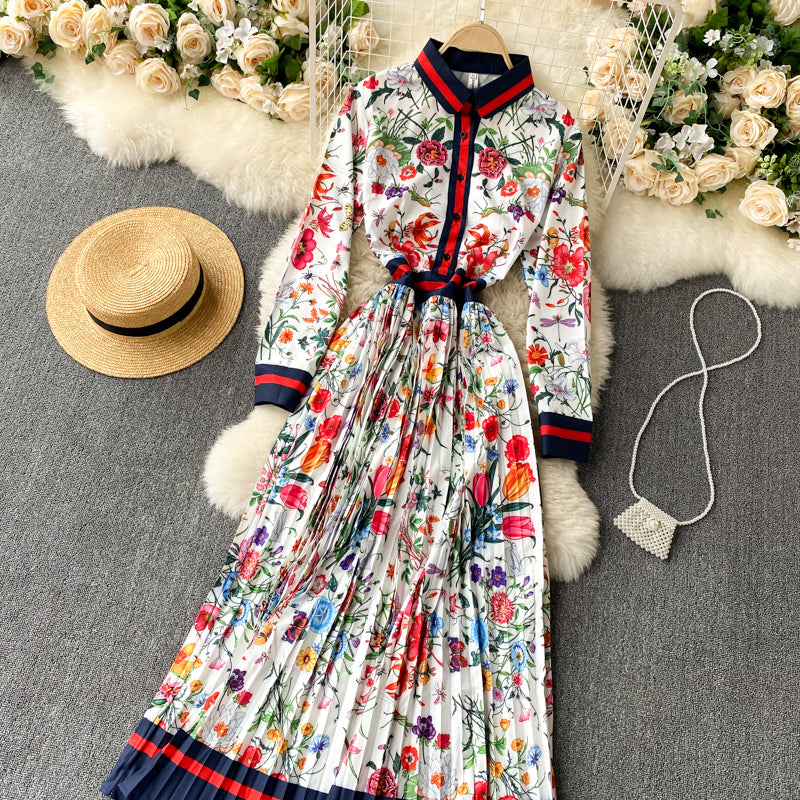 Women's Pleated Printed Dress Long Skirt