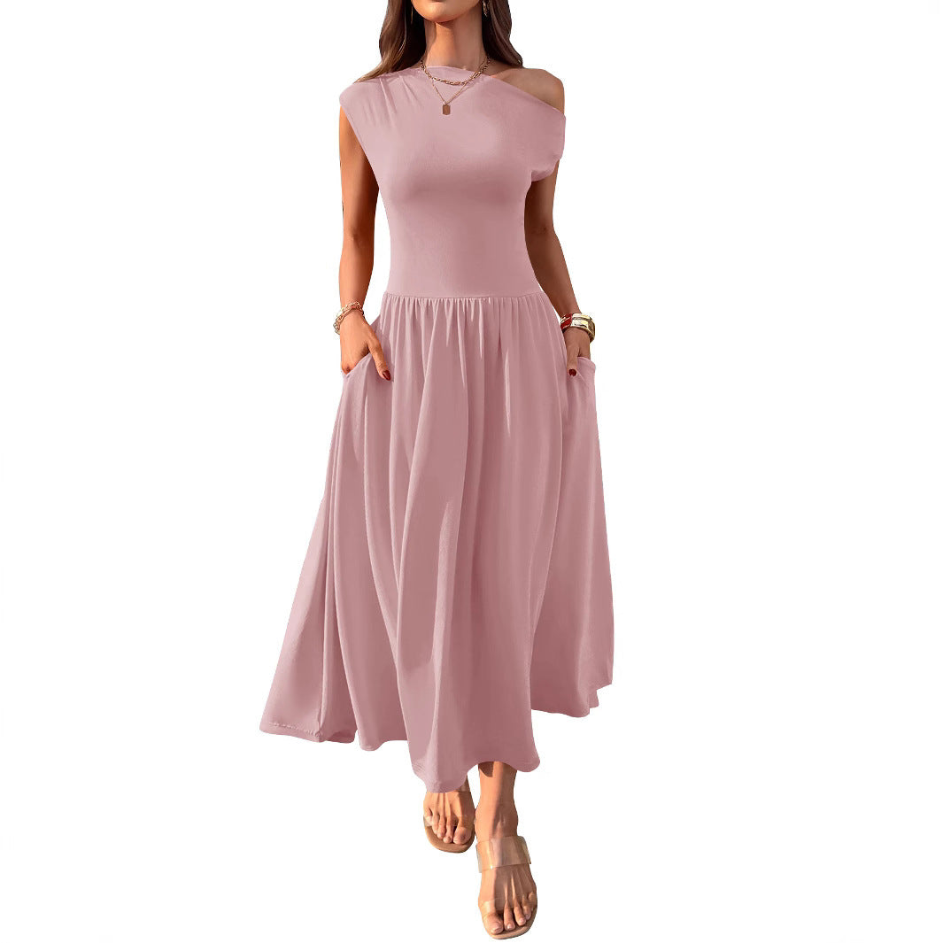 Slant Shoulder Waist Trimming Long With Pocket Dress